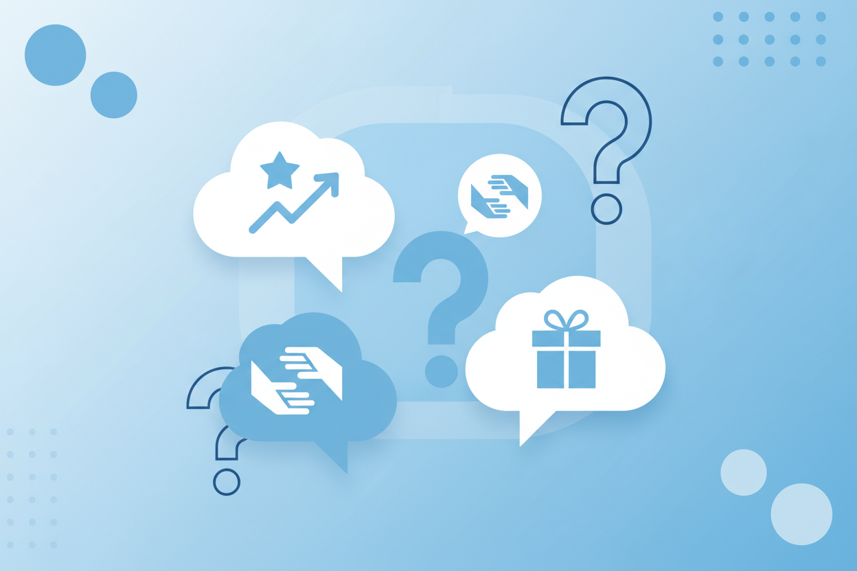 Häufig gestellte Fragen zur Gratulation bei Beförderung - Moderne FAQ-Darstellung mit Fragezeichen und Sprechblasen in blauer Farbgebung für Fragen rund um Glückwünsche und Etikette bei Karriereaufstieg