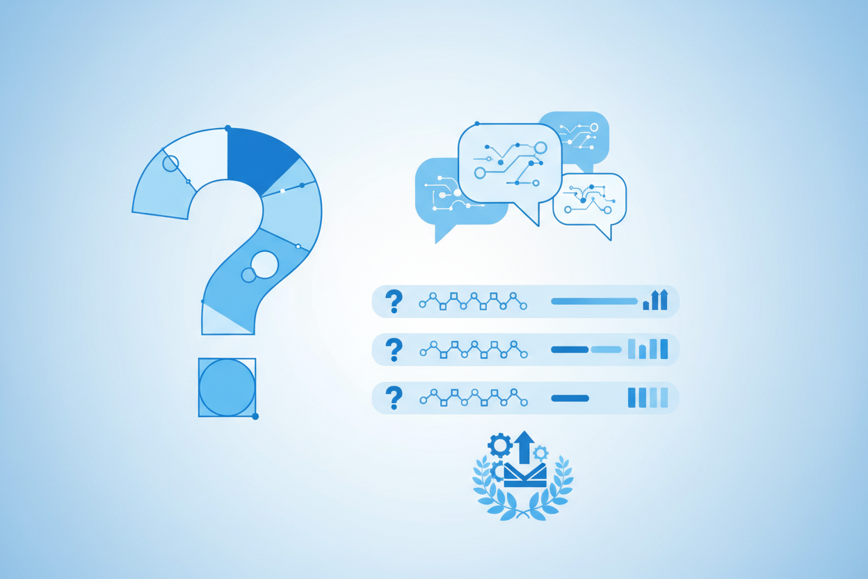 Häufig gestellte Fragen zur Gratulation bei der Gesellenprüfung - Moderne FAQ-Darstellung mit Fragezeichen und Sprechblasen in blauer Farbgebung für Fragen rund um Glückwünsche und Etikette zur bestandenen Gesellenprüfung