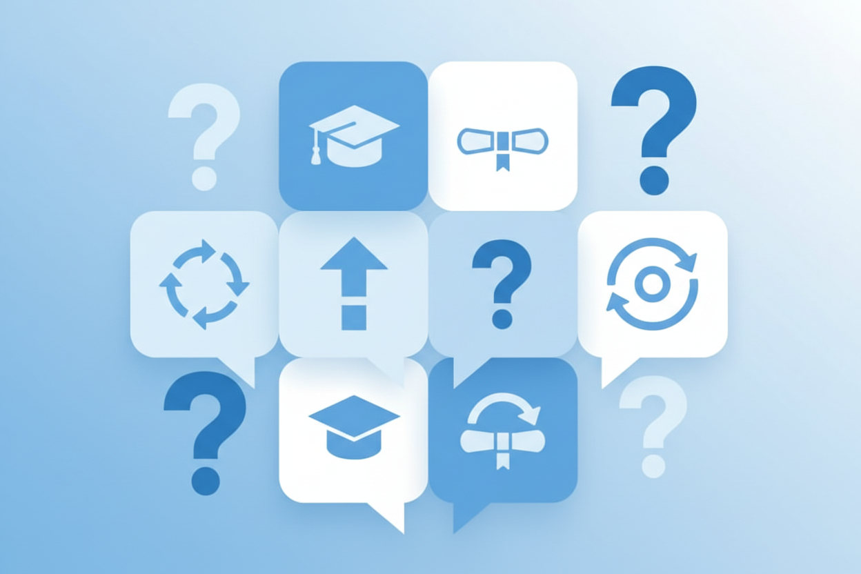 Häufig gestellte Fragen zur Gratulation zum Studienabschluss - Moderne FAQ-Darstellung mit Fragezeichen und Sprechblasen in blauer Farbgebung für Fragen rund um Glückwünsche und Etikette zum Universitätsabschluss