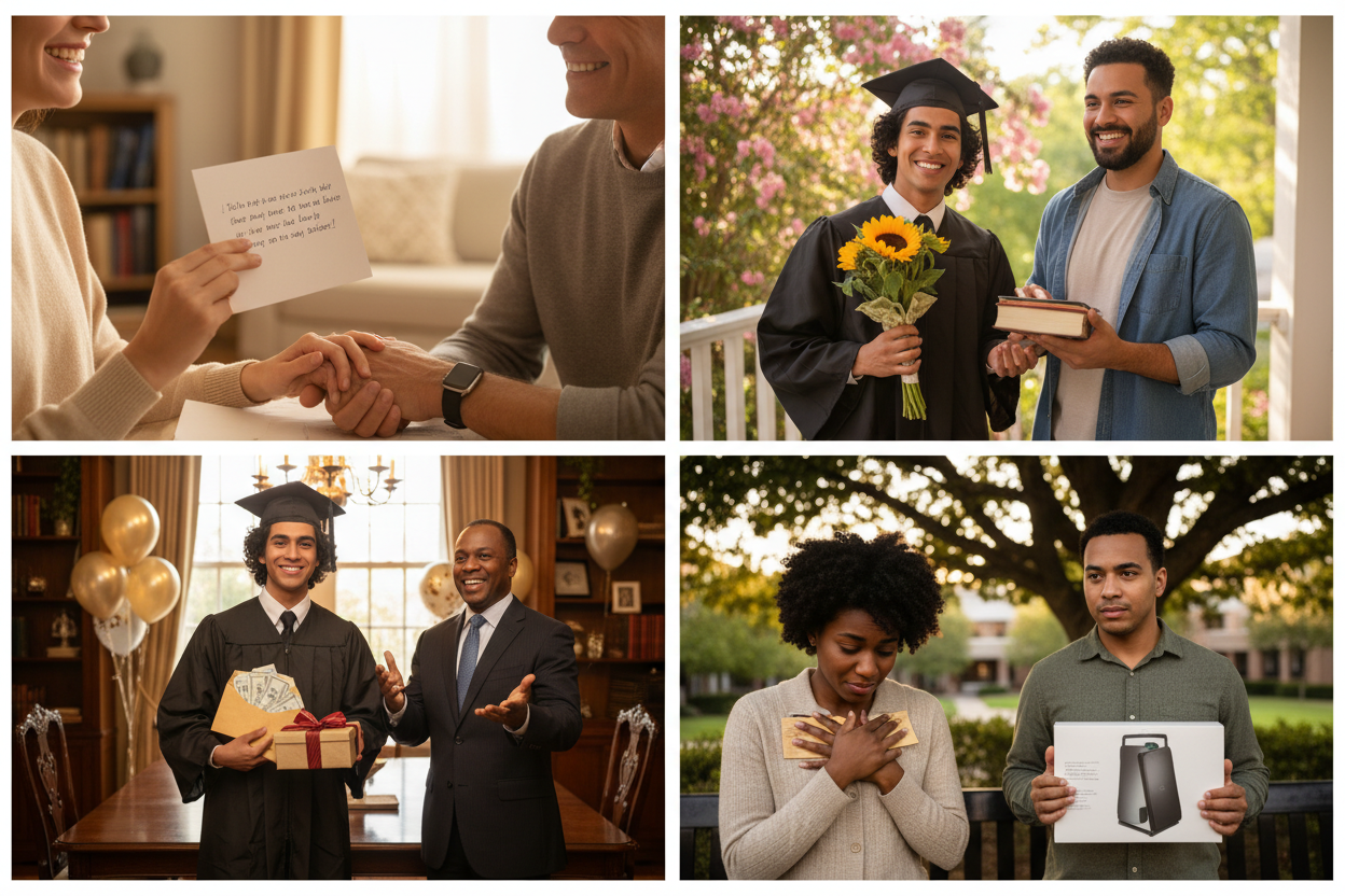 ratulation zum Studienabschluss mit oder ohne Geschenk - Vier Panels zeigen: herzliche Glückwünsche nur mit Karte und warmen Worten, Gratulation mit kleinem aufmerksamen Geschenk wie Blumen, Glückwünsche mit großzügigem Geschenk wie Geldumschlag, Vergleich zeigt dass aufrichtige Worte wichtiger sind als Geschenkgröße