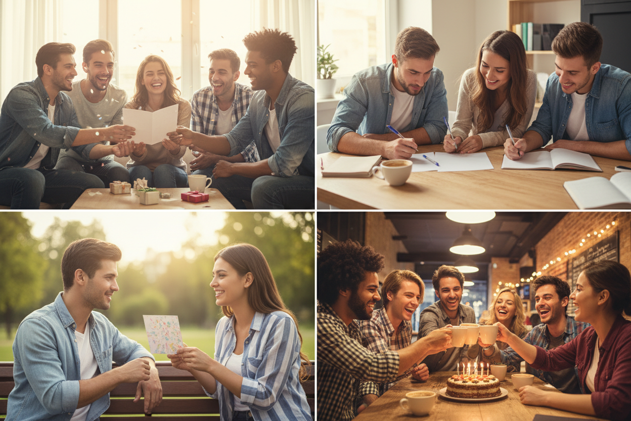Gute Wünsche von Freunden und Mitschülern zum Ausbildungsbeginn - Vier Panels zeigen: Freundesgruppe überreicht Glückwunschkarte an Freund der Ausbildung beginnt, Mitschüler unterschreiben gemeinsam Gruppenkarte, enge Freunde im unterstützenden Gespräch mit Kartenaustausch, Freundesgruppen-Feier mit Kuchen zeigt gemeinsame Unterstützung