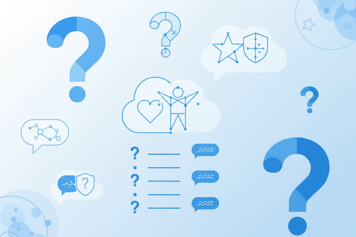 Häufig gestellte Fragen zum Dank an Schulbegleitungen - Moderne FAQ-Darstellung mit Fragezeichen und Sprechblasen in blauer Farbgebung für Fragen rund um Dankbarkeit und Wertschätzung für Schulbegleitung und pädagogische Assistenz