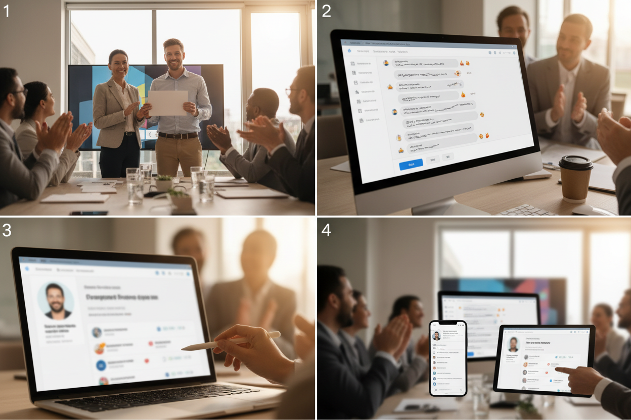 Öffentliche Gratulation zur Beförderung - Vier Panels zeigen: Team-Meeting mit öffentlicher Anerkennung durch Vorgesetzten und Applaus, Team-Chat auf Computer mit Glückwunsch-Nachrichten, LinkedIn-Profil auf Laptop mit professionellem Gratulationspost, Kombination aller öffentlichen Kanäle für umfassende Anerkennung