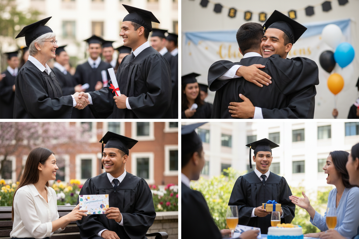 Persönliche Gratulation zum Studienabschluss - Vier Panels zeigen: warmer Händedruck zwischen Absolvent und Gratulant, herzliche Umarmung zur Feier, Überreichen einer Glückwunschkarte mit Blickkontakt, Präsentieren eines kleinen Geschenks mit mündlichen Glückwünschen