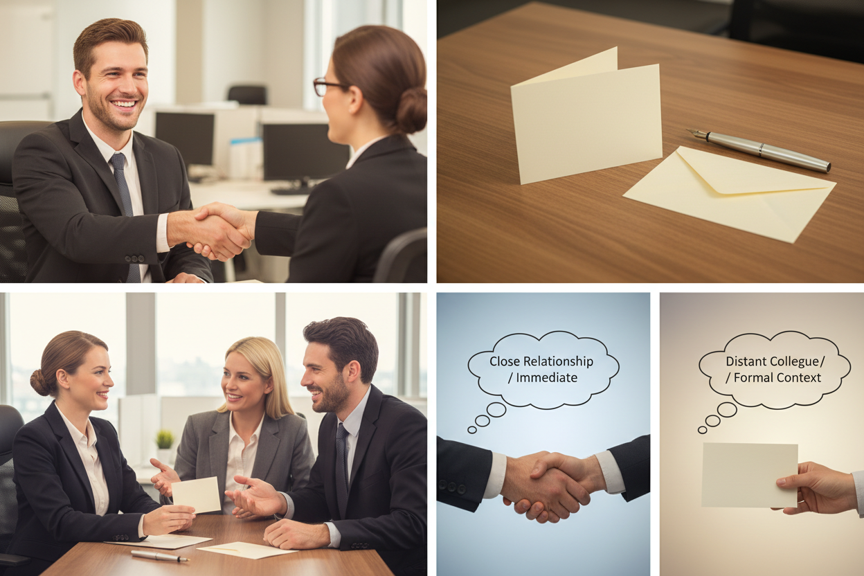 Persönlich oder schriftlich zur Beförderung gratulieren - Vier Panels zeigen: persönliche Gratulation mit Händedruck und Blickkontakt, handgeschriebene Glückwunschkarte mit Umschlag, Kombination aus persönlichem Gespräch und Karte, Vergleich wann welche Methode je nach Beziehung angemessen ist