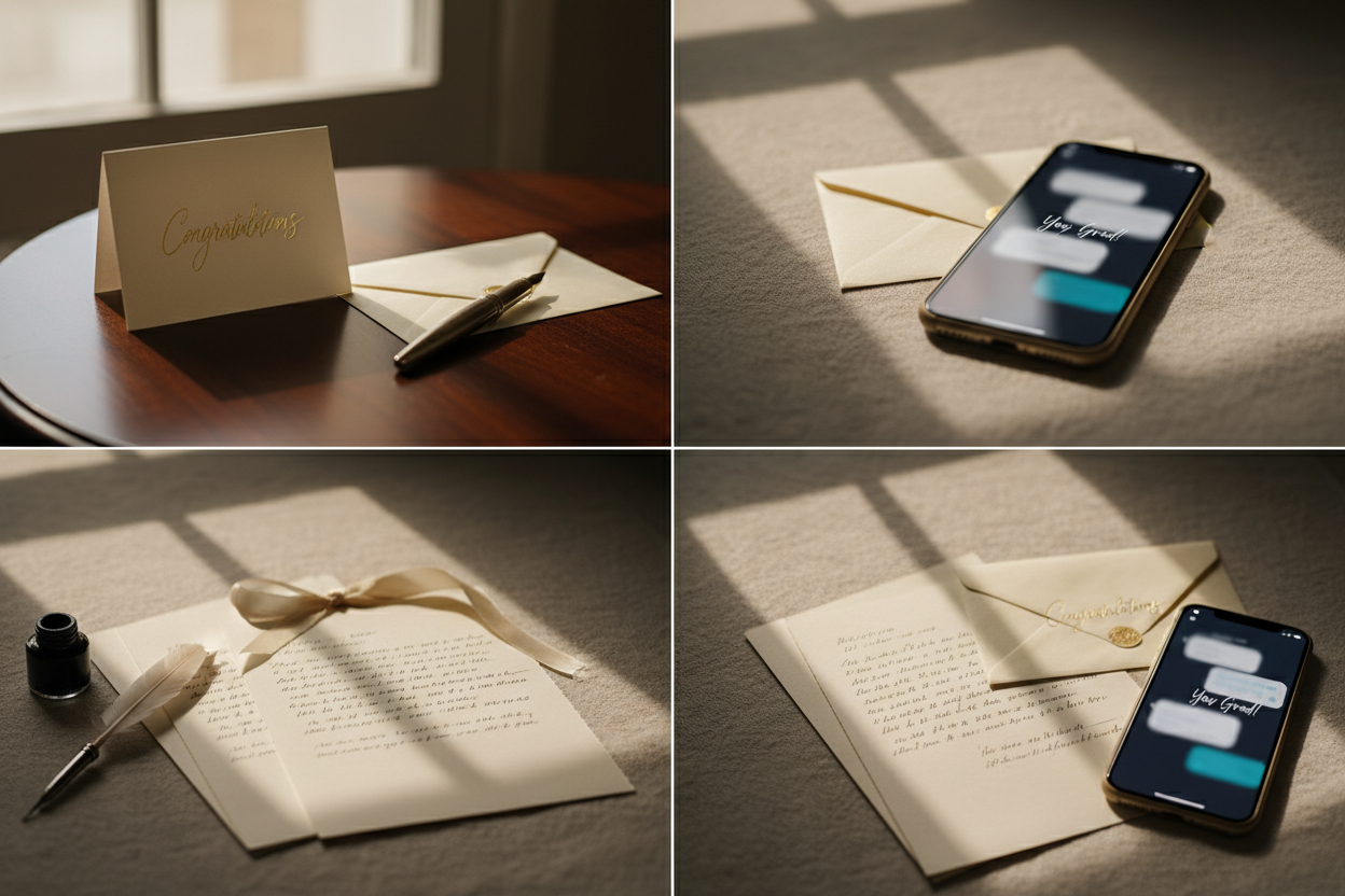 Schriftliche Gratulation zum Studienabschluss - Vier Panels zeigen: elegante Grußkarte mit Umschlag und Stift, Smartphone mit digitaler Nachricht, handgeschriebener mehrseitiger Brief auf hochwertigem Papier, Vergleich aller drei Formate zusammen