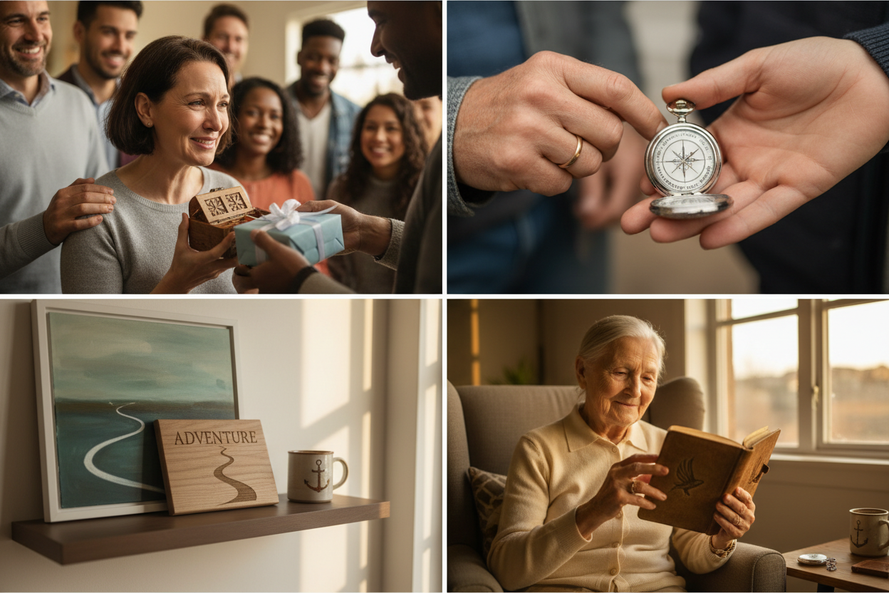 Abschiedsgeschenke mit Bedeutung Warum Abschiedsgeschenke mehr als nur Geschenke sind - Vier Panels zeigen: Person erhält bedeutungsvolles Abschiedsgeschenk mit emotionaler Reaktion, Nahaufnahme von Händen halten personalisiertes Erinnerungsstück zeigt sentimentalen Wert, Abschiedsgeschenk zu Hause oder im Büro ausgestellt zeigt bleibende Präsenz, Person betrachtet Abschiedsgeschenk Jahre später mit nostalgischem Lächeln zeigt dauerhafte emotionale Bedeutung