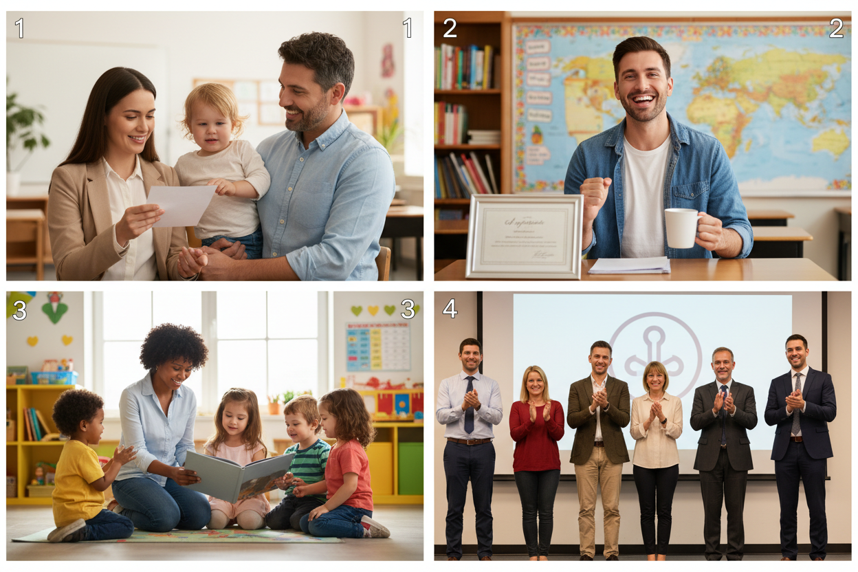 Danke sagen an pädagogische Fachkräfte Warum Wertschätzung für pädagogische Fachkräfte wichtig ist - Vier Panels zeigen: pädagogische Fachkraft erhält Dankeskarte von Eltern in emotionalem Moment, Erzieher wirkt motiviert und glücklich nach erhaltener Wertschätzung, Betreuungsperson mit Kindern in fürsorglicher Bildungsumgebung zeigt Engagement, Gruppe pädagogischer Fachkräfte wird anerkannt und wertgeschätzt