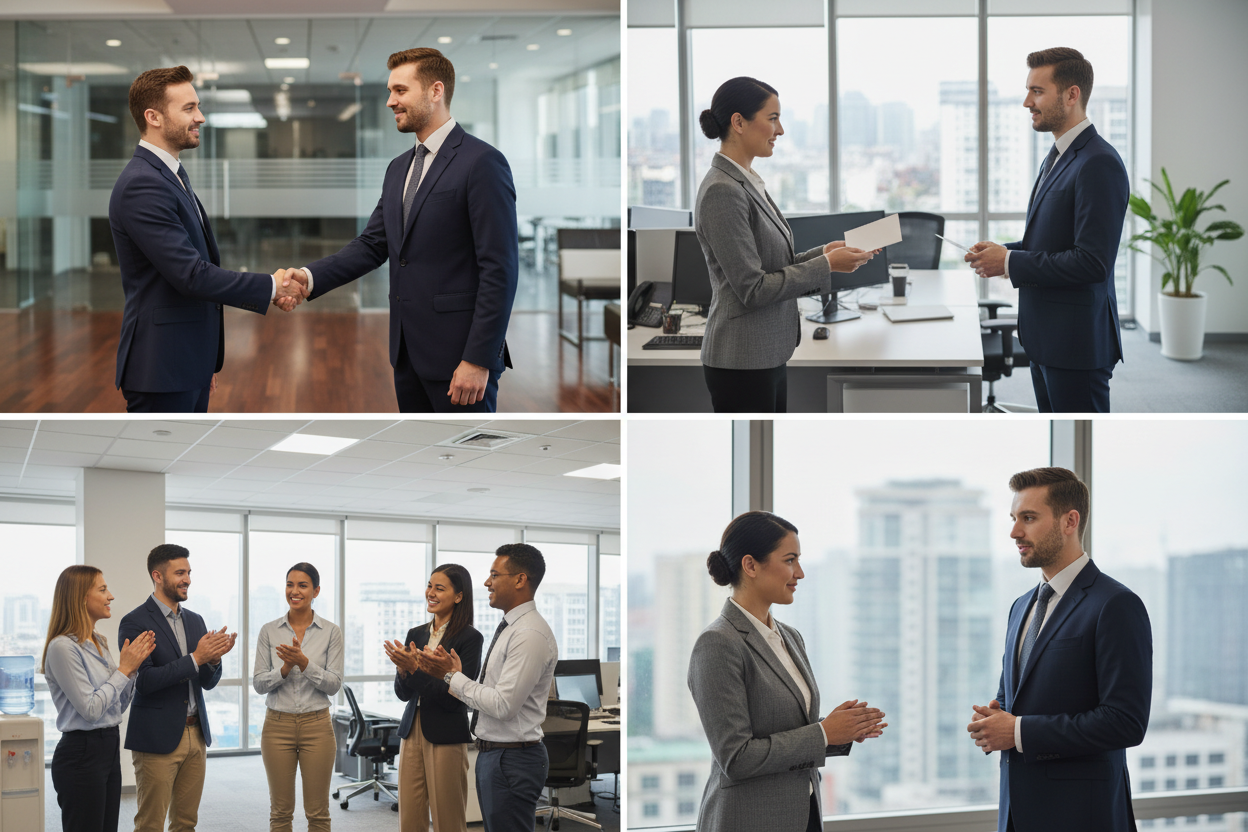 Wie gratuliert man dem Chef zur Beförderung - Vier Panels zeigen: respektvoller professioneller Händedruck zwischen Mitarbeiter und Vorgesetztem, Mitarbeiter überreicht Glückwunschkarte an Chef mit professioneller Distanz, Team-Delegation gratuliert Vorgesetztem gemeinsam, kurzes formelles Gespräch mit aufrichtigen Glückwünschen