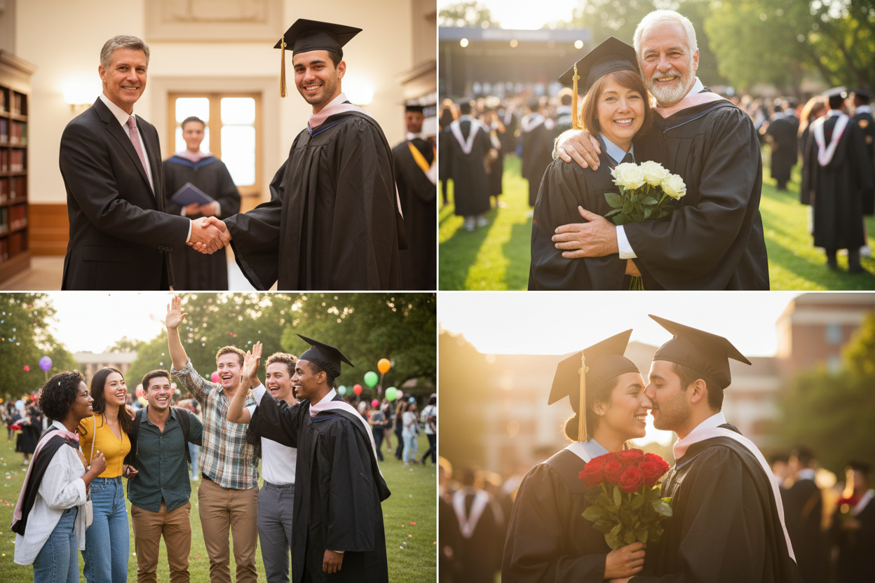 Richtig gratulieren je nach Beziehung zum Studienabschluss - Vier Panels zeigen: formelle professionelle Gratulation von Kollegen mit respektvollem Händedruck, warme Familienglückwünsche von Eltern mit stolzer Umarmung, lockere Freundesglückwünsche mit High-Five, romantische Gratulation vom Partner mit inniger Umarmung und Blumen