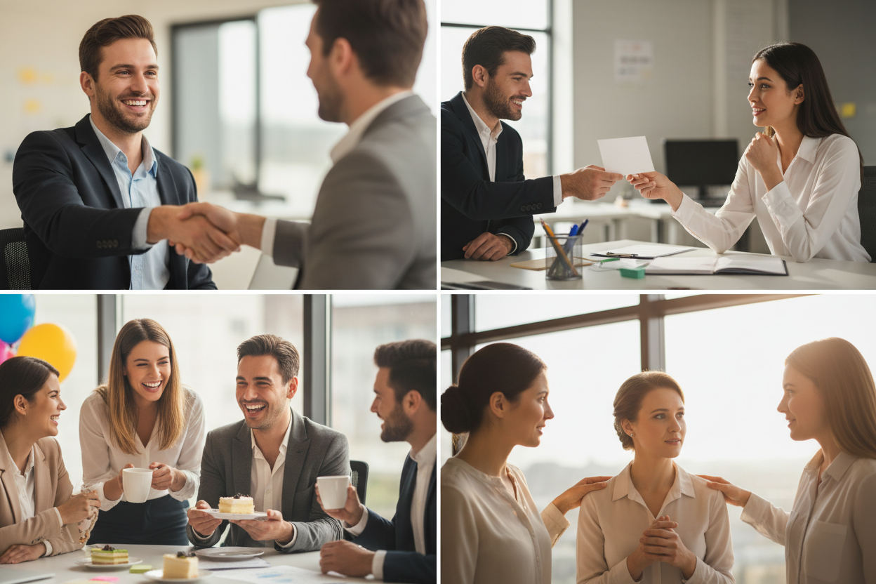 Wie Kollegen zur Beförderung gratulieren - Vier Panels zeigen: freundlich-professioneller Händedruck zwischen Kollegen mit warmem Lächeln, Kollege überreicht Glückwunschkarte an beförderten Mitarbeiter, kleine Team-Feier mit Kollegen um beförderte Person, Einzelgespräch zwischen Kollegen mit aufrichtiger Wertschätzung 