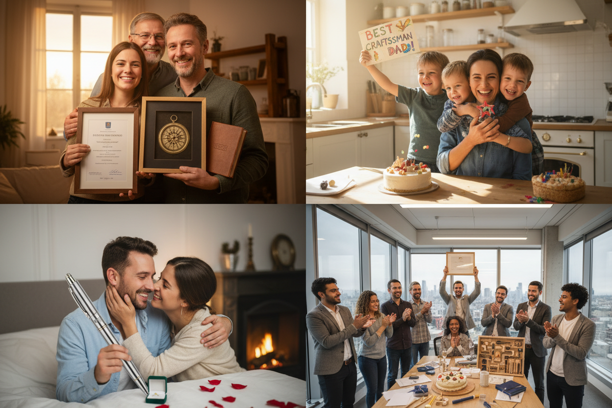 Geschenke zur Meisterprüfung von verschiedenen Personen - Vier Panels zeigen: Eltern überreichen bedeutungsvolles Geschenk an erwachsenes Kind mit stolzem emotionalem Moment, Kinder geben selbstgemachtes Geschenk an Elternteil mit liebevoller Familienfeier, Partner überreicht unterstützendes Geschenk an Ehepartner mit intimer Feier, Kollegen präsentieren Gruppengeschenk an Kollegen mit Team-Feier am Arbeitsplatz