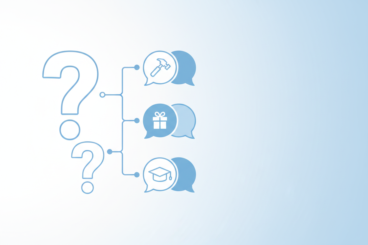 Häufig gestellte Fragen zur Meisterprüfung und Geschenken - Moderne FAQ-Darstellung mit großen Fragezeichen und kreisförmigen Sprechblasen-Icons in blau-weißer Farbgebung, minimalistische geometrische Komposition komplett ohne Text