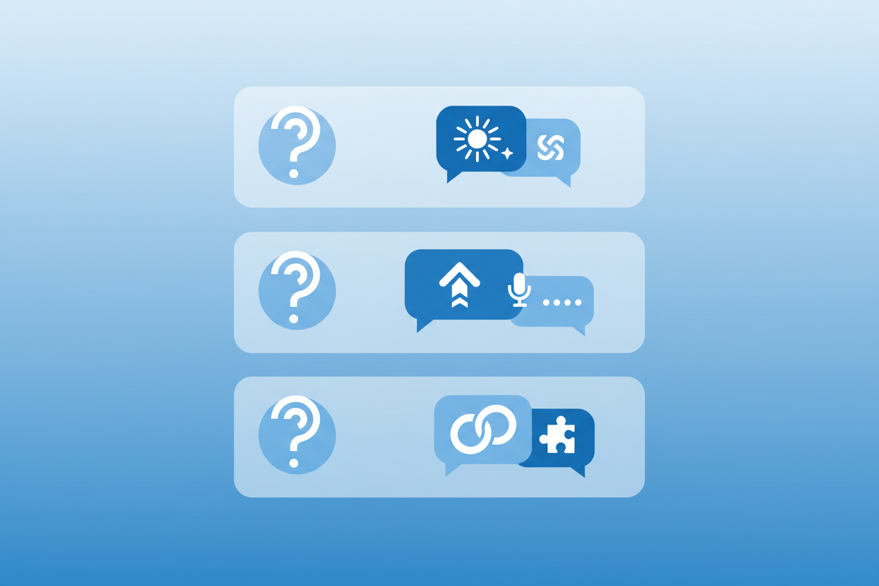 Häufig gestellte Fragen zu Glückwünschen und Texten zur Meisterprüfung - Moderne FAQ-Darstellung mit Fragezeichen und Sprechblasen in blauer Farbgebung für Fragen rund um Gratulationen und Textvorlagen zur bestandenen Meisterprüfung