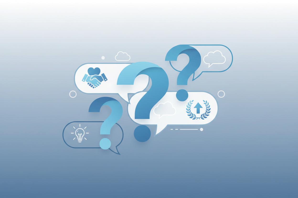 Danke sagen an Praxisanleiter äufig gestellte Fragen zum Dank an Praxisanleiter - Moderne FAQ-Darstellung mit Fragezeichen und Sprechblasen in blauer Farbgebung für Fragen rund um Dankbarkeit und Wertschätzung für Praxisanleiter und Mentoren in der Berufsausbildung
