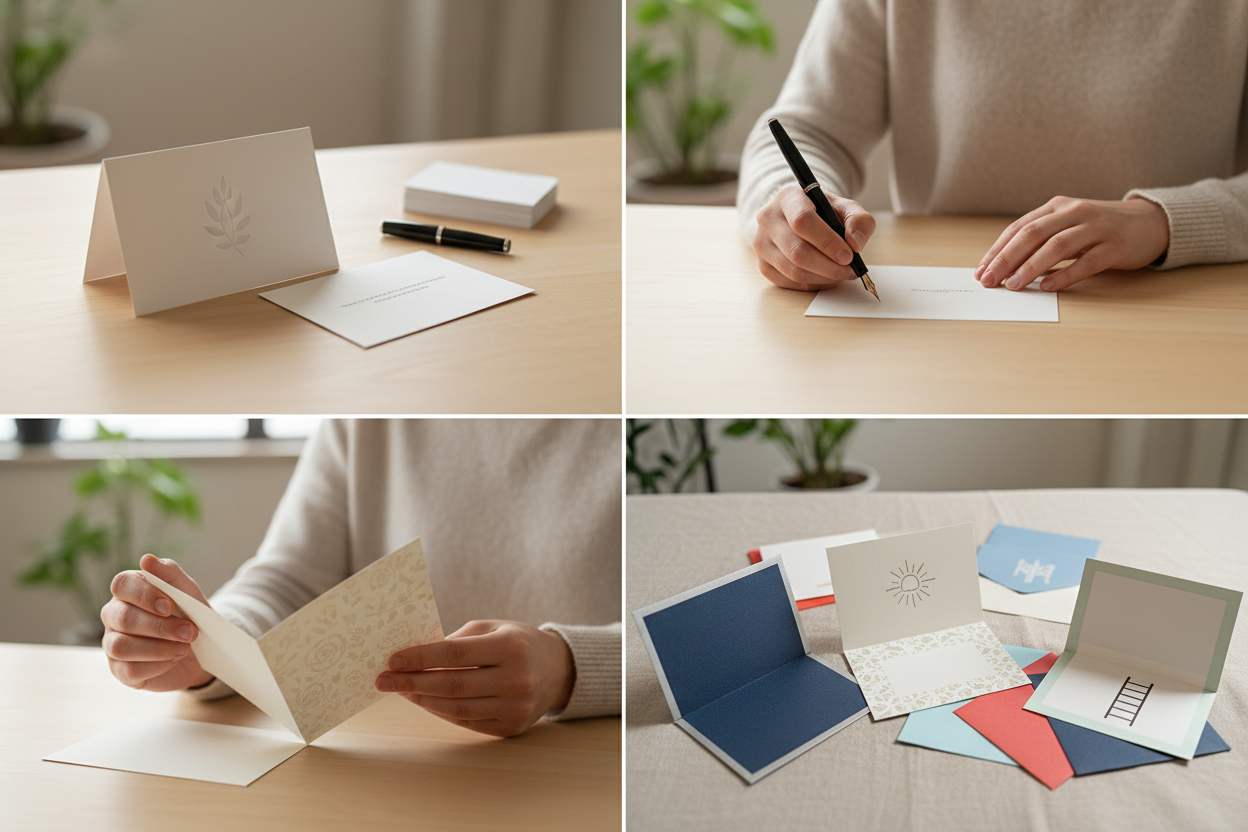  Kurz und knapp - Was schreibt man in eine Karte zum neuen Job - Vier Panels zeigen: einfache elegante Glückwunschkarte mit minimalistischem Design auf Schreibtisch, Person schreibt kurze herzliche Nachricht in Karte mit Stift, Nahaufnahme von Händen halten Karte zeigt durchdachte aber kurze Glückwünsche, Auswahl verschiedener Kartenstile von formell bis locker für kurze Nachrichten