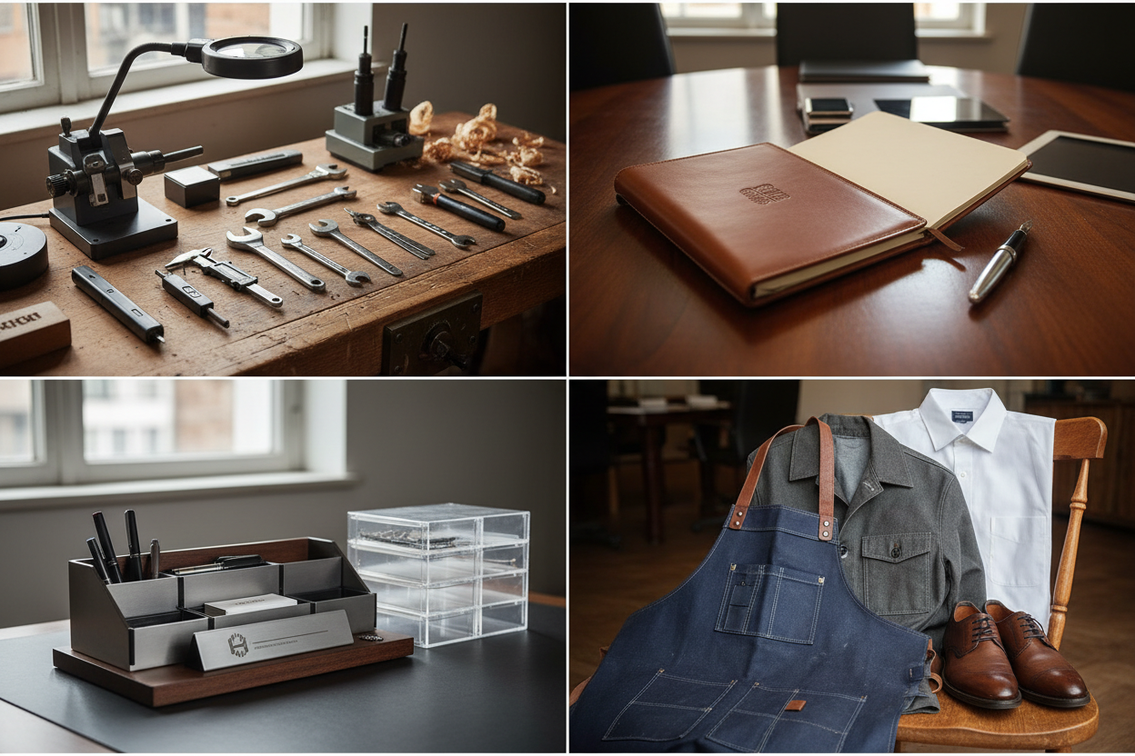  Praktische Geschenke für den beruflichen Neustart nach Meisterprüfung - Vier Panels zeigen: hochwertige professionelle Werkzeuge auf Werkbank für neue Karrierephase, Premium-Leder-Portfolio mit Notizbuch und Stift für Meetings, personalisierte Büro- oder Werkstatt-Accessoires wie Schreibtisch-Organizer und Aufbewahrungslösungen, professionelle Arbeitskleidung wie hochwertige Schürze oder Arbeitsjacke für neuen Meisterhandwerker