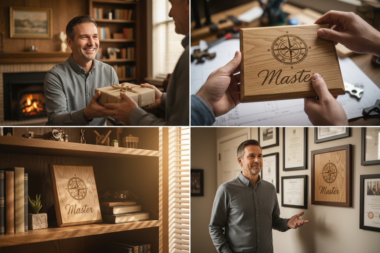 Warum ein Geschenk zur Meisterprüfung mehr als nur eine Geste ist - Vier Panels zeigen: Person erhält bedeutungsvolles Meisterprüfungs-Geschenk mit emotionaler Reaktion und Stolz, Nahaufnahme von Händen halten personalisiertes Meisterhandwerker-Geschenk zeigt sentimentalen Wert und Anerkennung, Meisterprüfungs-Geschenk in Werkstatt ausgestellt zeigt bleibende Präsenz und Motivation, Person betrachtet Geschenk Jahre später mit stolzem Lächeln zeigt dauerhafte emotionale Bedeutung Das Bild zeigt in vier Panels, warum ein Geschenk zur Meisterprüfung mehr als nur eine Geste ist – von emotionalen Momenten beim Erhalt über Anerkennung der Leistung bis zu bleibender Motivation und dauerhafter Bedeutung als Karriere-Meilenstein!