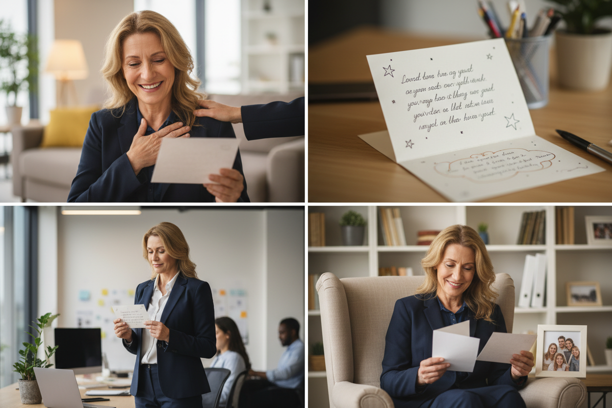 Wie gratuliert man zum neuen Job? Warum Gratulation zum neuen Job mehr bedeutet - Vier Panels zeigen: Person erhält herzliche Glückwunschkarte zum neuen Job mit emotionaler Reaktion und Ermutigung, Nahaufnahme bedeutungsvoller Glückwunschnachricht zeigt persönliche Unterstützung und Vertrauen, Person zeigt Glückwunschkarte am neuen Arbeitsplatz als bleibende Motivation, Person blickt auf Glückwünsche von Freunden und Familie zurück zeigt dauerhafte emotionale Unterstützung während Karrierewechsel Das Bild zeigt in vier Panels, warum eine Gratulation zum neuen Job mehr bedeutet als nur „Viel Erfolg" – von emotionaler Ermutigung über persönliche Unterstützung bis zu bleibender Motivation und dauerhafter emotionaler Stärkung während des Karrierewechsels!