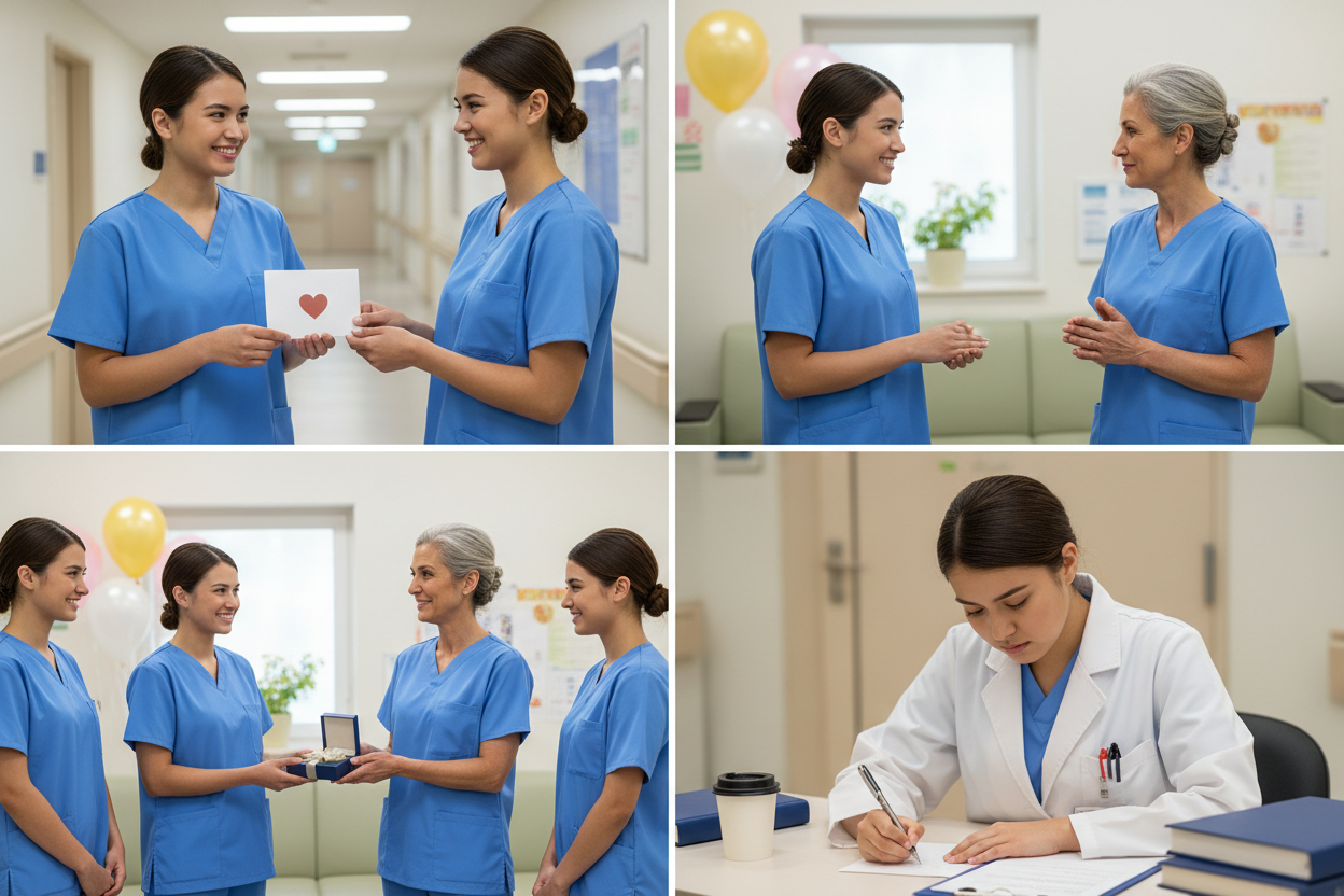Danke sagen an Praxisanleiter Wie man einem Praxisanleiter angemessen dankt - Vier Panels zeigen: Pflegeschüler überreicht herzliche Dankeskarte an Mentor im Gesundheitswesen mit aufrichtiger Dankbarkeit, Auszubildender und Ausbilder im wertschätzenden Gespräch am Ende der Ausbildungszeit, kleine Abschiedsfeier mit Pflegeteam wo Auszubildender Dankesgeschenk überreicht, Auszubildender schreibt persönliche Danknachricht zeigt durchdachte Wertschätzung