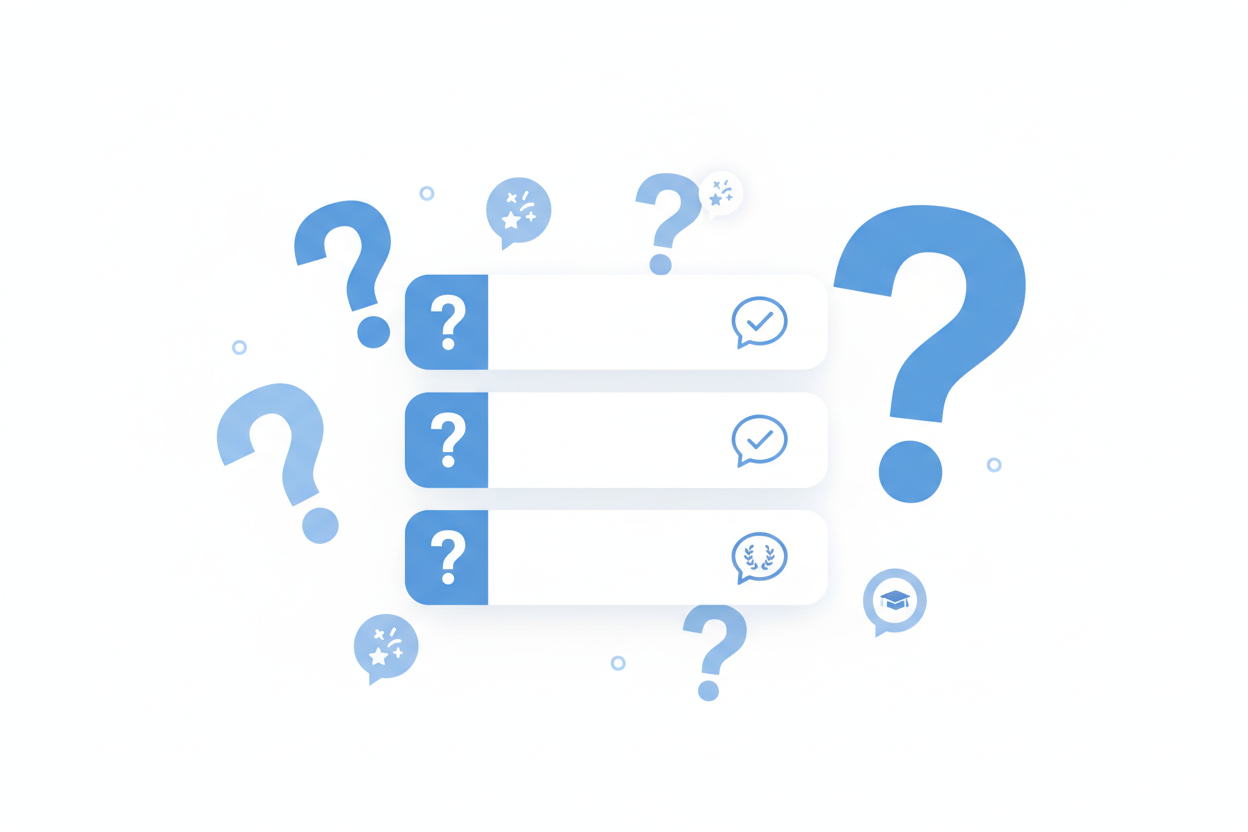 Häufig gestellte Fragen zu Glückwünschen zum bestandenen Examen - Moderne FAQ-Darstellung mit großen Fragezeichen und kreisförmigen Sprechblasen-Icons in blau-weißer Farbgebung, minimalistische geometrische Komposition komplett