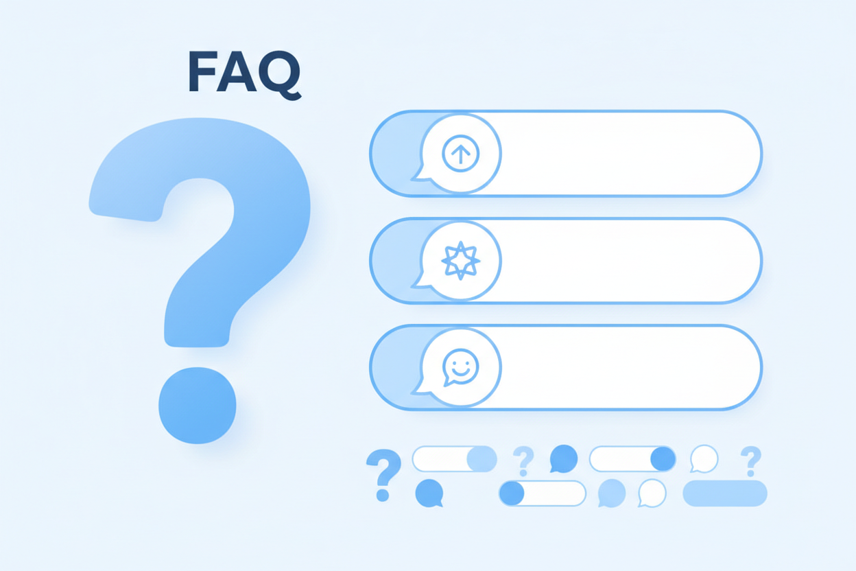  Häufig gestellte Fragen zu Karten zum bestandenen Examen - Moderne FAQ-Darstellung mit großen Fragezeichen und kreisförmigen Sprechblasen-Icons in blau-weißer Farbgebung, minimalistische geometrische Komposition