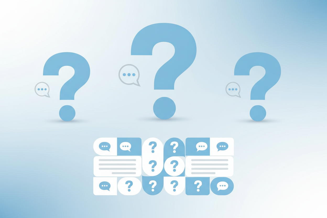 Was schreibt man zur Gesellenprüfung? Häufig gestellte Fragen - Was schreibt man in eine Karte zur bestandenen Gesellenprüfung - Moderne FAQ-Darstellung mit großen Fragezeichen und kreisförmigen Sprechblasen-Icons in blau-weißer Farbgebung, minimalistische geometrische Komposition komplett ohne Text