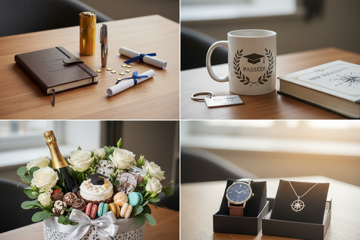 Geschenk zur bestandenen Prüfung - passt das dazu - Vier Panels zeigen: elegantes Glückwunsch-Geschenkset mit hochwertigen Artikeln wie Notizbuch, Stift und kleinen Feier-Elementen passend zum Prüfungserfolg, personalisiertes Geschenk mit Prüfungsthema wie individuelle Tasse oder graviertes Andenken, festlicher Geschenkkorb mit Champagner, Blumen und Süßigkeiten perfekt für Prüfungsfeier, bedeutungsvolles symbolisches Geschenk wie hochwertige Uhr oder Schmuck für neues Kapitel nach bestandener Prüfung