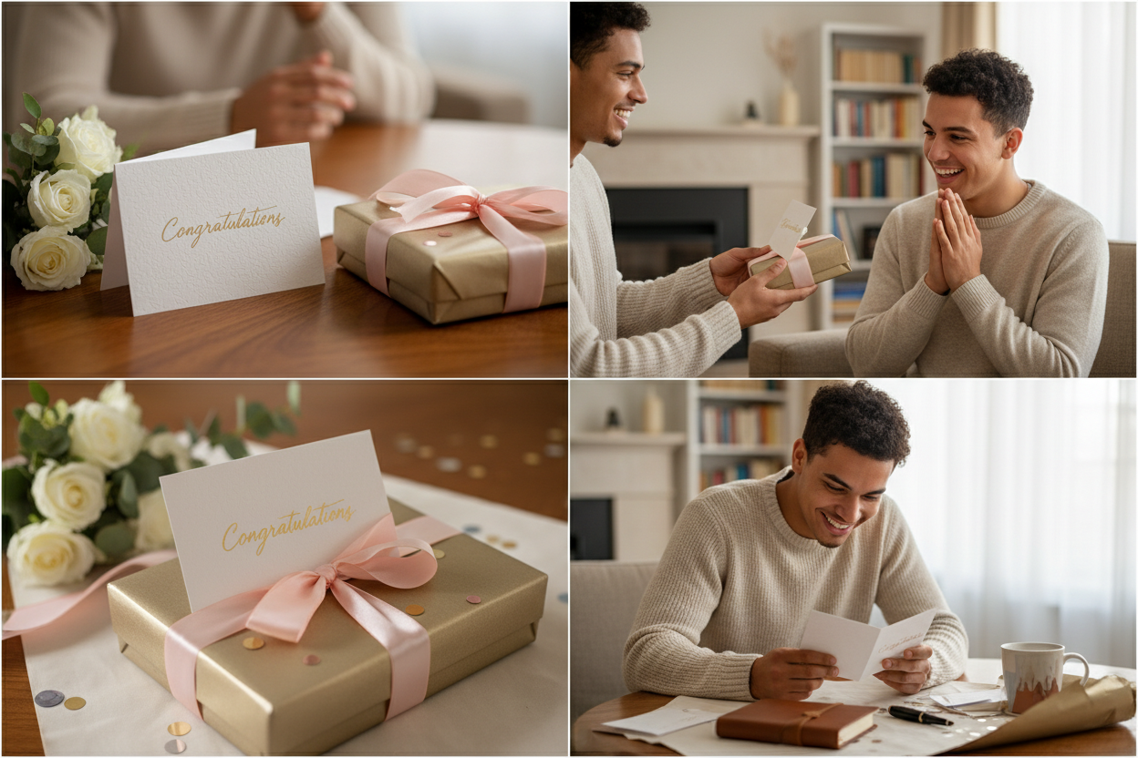 Gratulation mit Geschenk kombinieren - Vier Panels zeigen: wunderschön arrangierte Glückwunschkarte lehnt an elegant verpackter Geschenkbox mit Schleife zeigt die perfekte Kombination aus persönlicher Botschaft und durchdachtem Geschenk, Person überreicht handgeschriebene Karte und verpacktes Geschenk