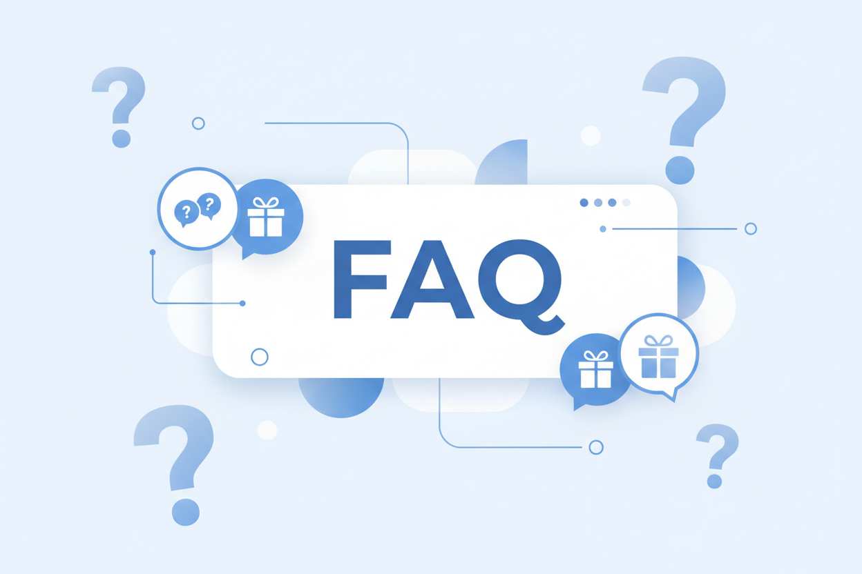 äufig gestellte Fragen zu Geschenken zur Facharztprüfung - Moderne FAQ-Darstellung mit großen Fragezeichen und kreisförmigen Sprechblasen-Icons in blau-weißer Farbgebung,