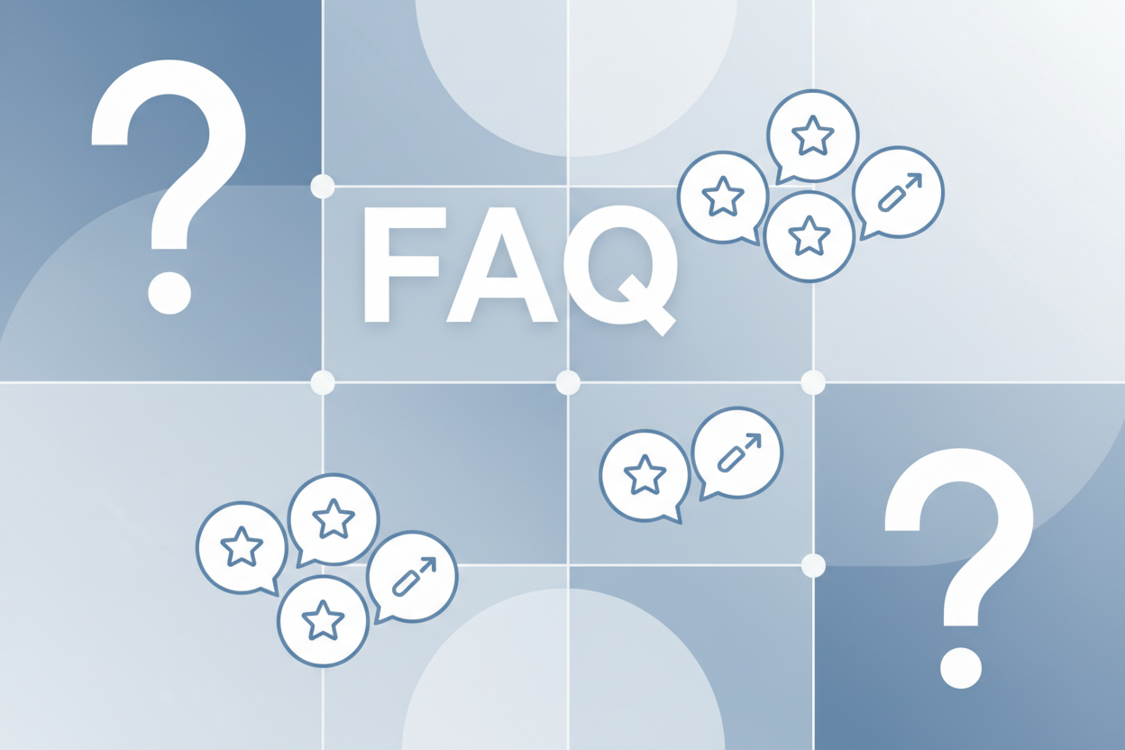 Häufig gestellte Fragen zur Gratulation zum Examen - Moderne FAQ-Darstellung mit großen Fragezeichen und kreisförmigen Sprechblasen-Icons 