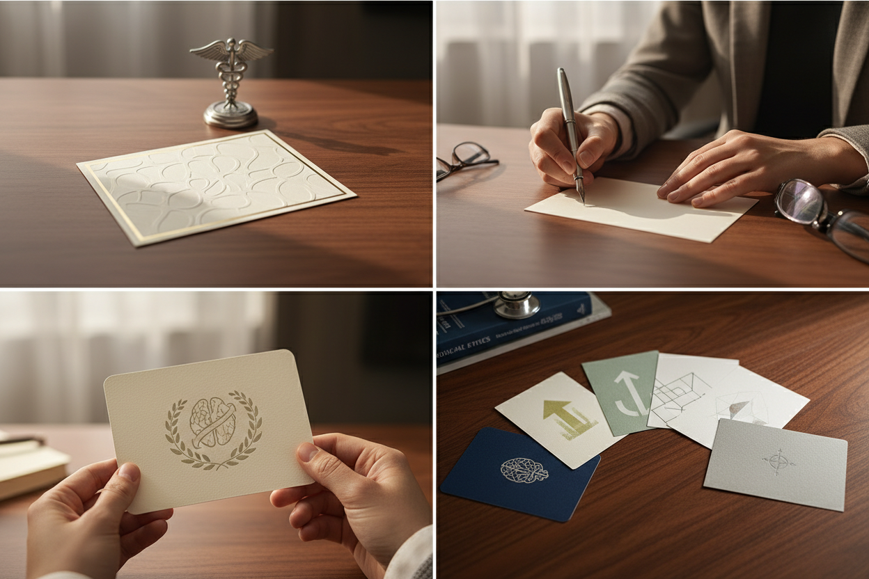 Was schreibt man zur Facharztprüfung? urz und würdevoll - Texte für Karte oder Nachricht zur Facharztprüfung - Vier Panels zeigen: elegante minimalistische Glückwunschkarte auf Schreibtisch mit würdevollem Design