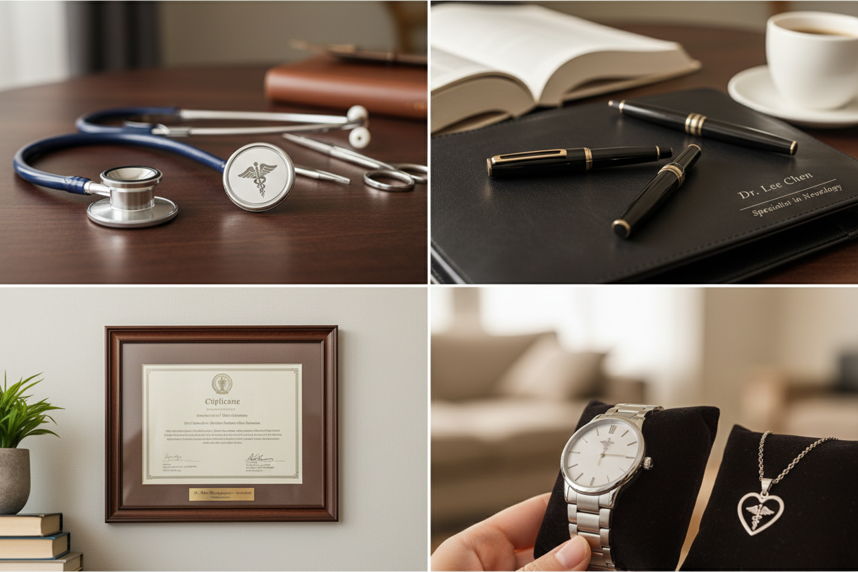 ersönliche Geschenkideen zur bestandenen Facharztprüfung - Vier Panels zeigen: elegantes personalisiertes graviertes Stethoskop als bedeutungsvolles professionelles Geschenk