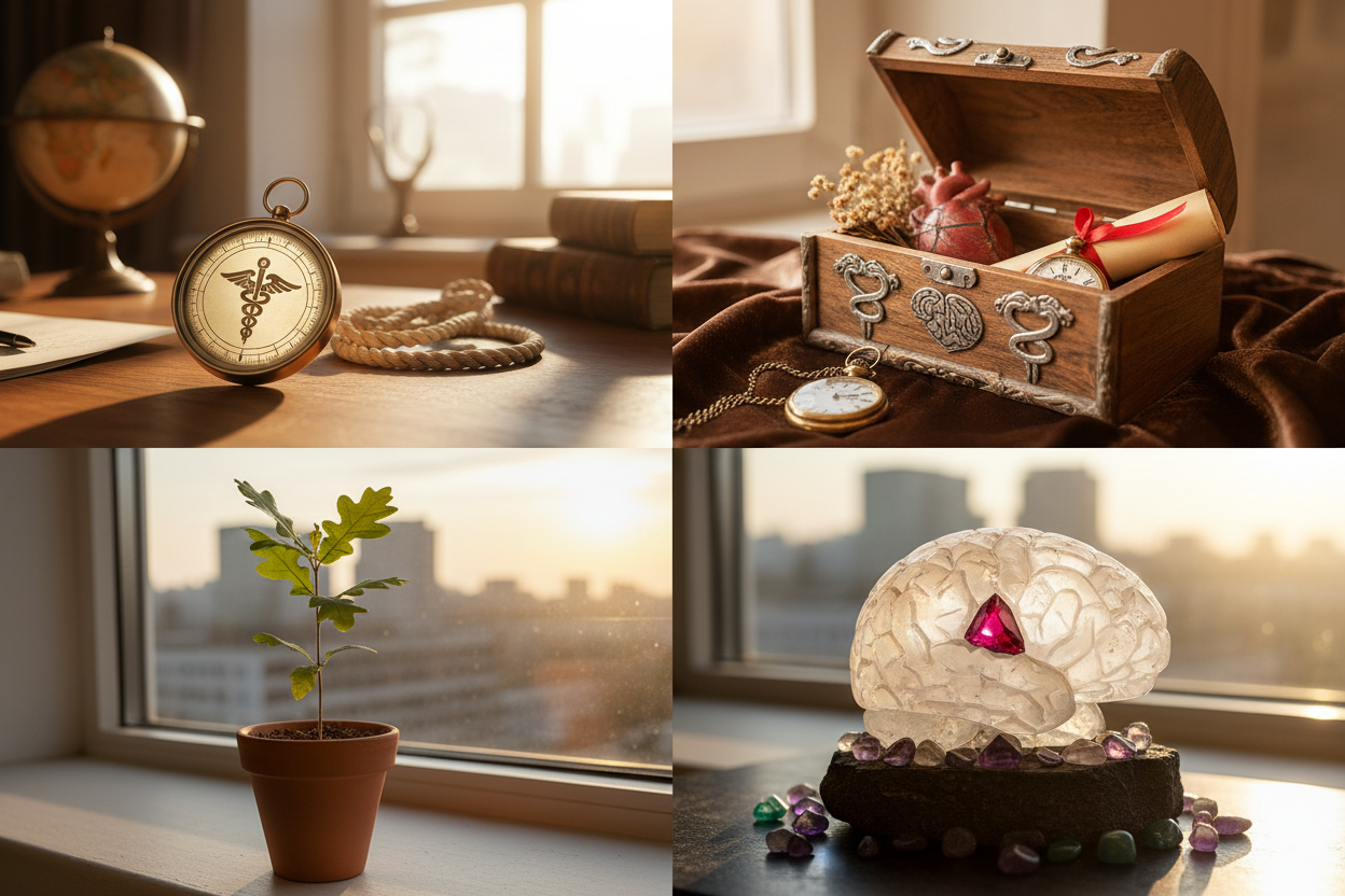 ymbolische Geschenke mit emotionaler Bedeutung zur Facharztprüfung - Vier Panels zeigen: elegantes symbolisches Geschenk wie Kompass oder Anker als Symbol für Orientierung und Richtung in der medizinischen Karriere