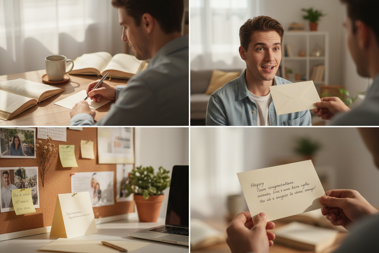 Warum eine Karte zum bestandenen Examen eine schöne Geste ist - Vier Panels zeigen: Person schreibt sorgfältig herzliche Glückwunschkarte mit Füllfeder zeigt den durchdachten persönlichen Aufwand und die Zeit die in echte Wertschätzung für akademische Leistung investiert wird, Examensabsolvent erhält handgeschriebene Karte mit sichtbarer Emotion und gerührtem Ausdruck zeigt wie eine persönliche schriftliche Botschaft eine tiefere Verbindung schafft als digitale Nachrichten, Absolvent bewahrt Glückwunschkarte auf Schreibtisch oder Pinnwand als geschätztes Andenken zeigt wie eine physische Karte zur bleibenden Erinnerung an einen stolzen Meilenstein wird, Nahaufnahme von Händen die offene Glückwunschkarte halten zeigt den intimen und persönlichen Charakter einer handgeschriebenen Botschaft als zeitlose bedeutungsvolle Geste
