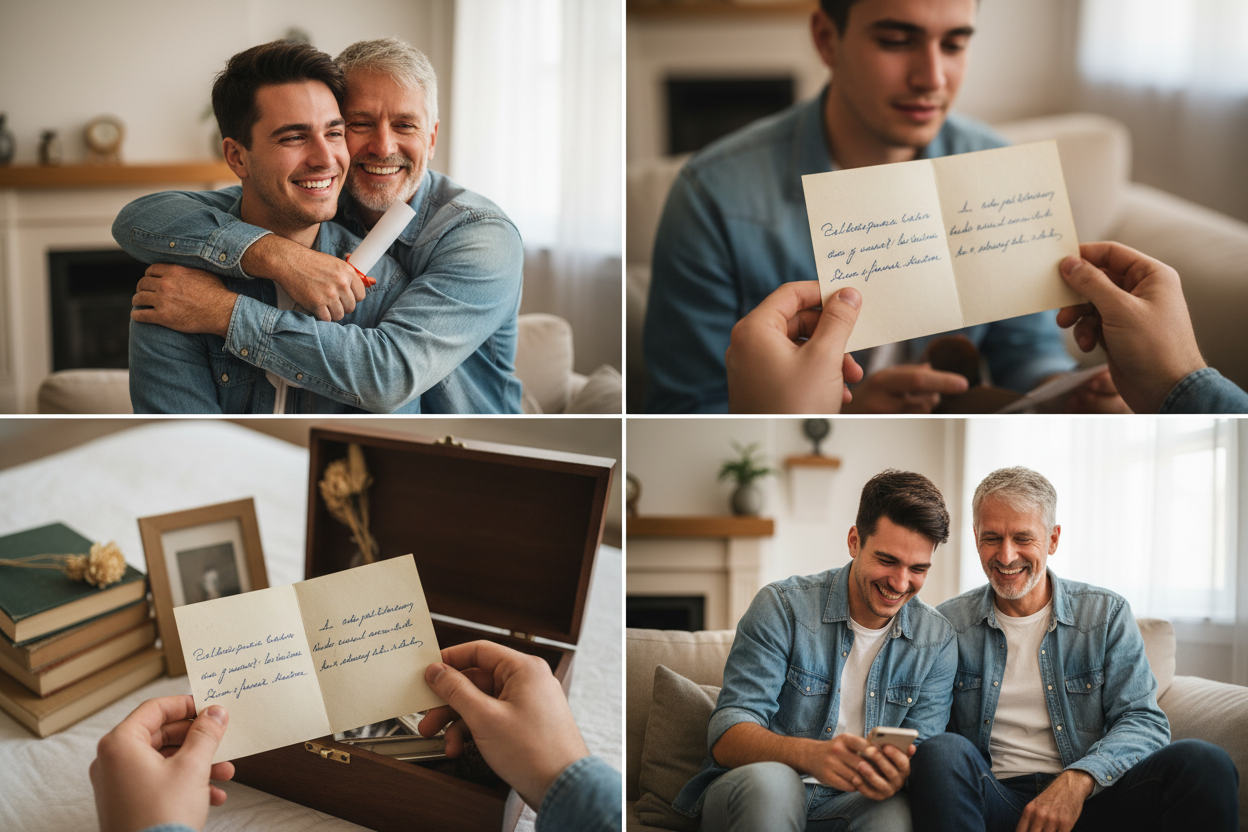 Warum eine persönliche Gratulation zum Examen so wichtig ist - Vier Panels zeigen: Examensabsolvent erhält zutiefst persönliche herzliche Glückwünsche zeigt emotionale Wirkung und das Gefühl wirklich gesehen und wertgeschätzt zu werden, Nahaufnahme persönlich handgeschriebene Glückwunschkarte wird mit sichtbarer Emotion gelesen zeigt Kraft persönlicher Worte, Absolvent bewahrt persönliche Glückwunschkarte als geschätzte Erinnerung zeigt bleibende emotionale Bedeutung, persönlicher Glückwunschmoment zwischen zwei Menschen zeigt tiefe menschliche Verbindung und Anerkennung individueller Leistung