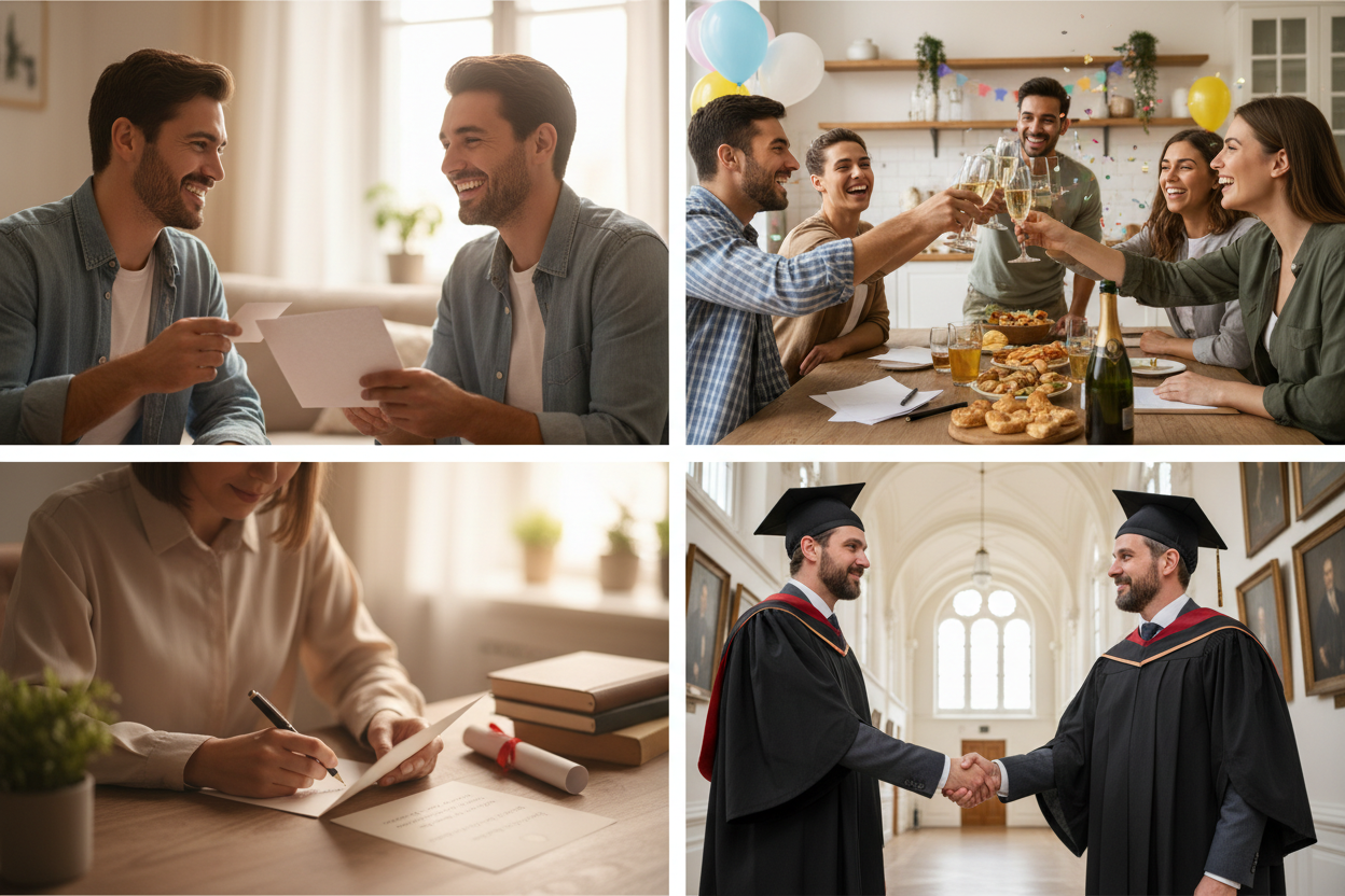 Wie man zum bestandenen Examen richtig gratuliert - Vier Panels zeigen: Person überreicht herzliche Glückwunschkarte an Examensabsolventen mit warmem echtem Lächeln und emotionaler Wertschätzung, Freunde oder Familie feiern Examenserfolg gemeinsam mit Champagner-Toast und freudiger Atmosphäre, Person schreibt durchdachte persönliche Glückwunschnachricht zeigt Fürsorge und individuelle Anerkennung, Mentor oder Professor gibt respektvolle formelle Glückwünsche mit Händedruck zeigt professionelle Anerkennung des akademischen Erfolgs