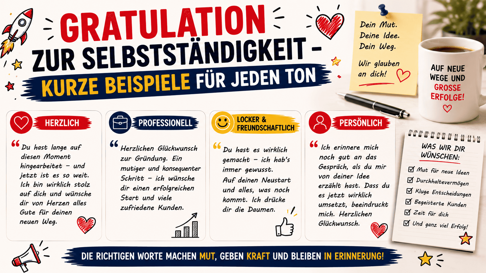 Wie gratuliert man zur Selbstständigkeit? gratulation zur selbststaendigkeit – kurze beispiele für jeden ton
