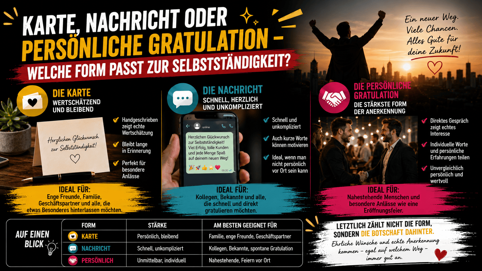Was schreibt man zur Selbstständigkeit? karte, nachricht oder persoenliche gratulation – welche form passt zur selbststaendigkeit