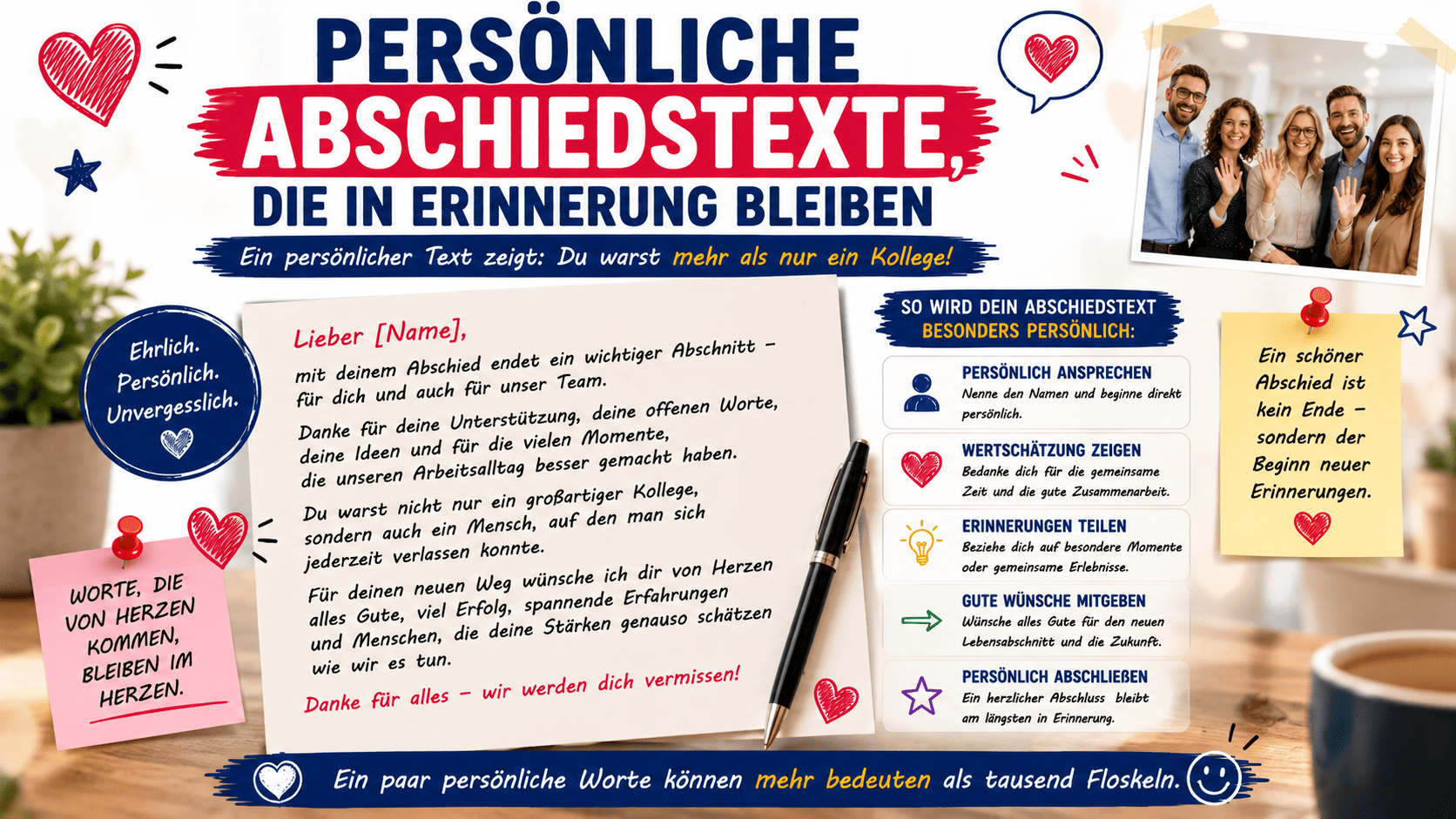 Persönlicher Text auf einer Abschiedskarte für einen lieben Kollegen oder eine Kollegin